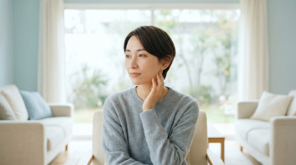 Femme japonaise souriante touchant son visage, assise dans un salon lumineux.
