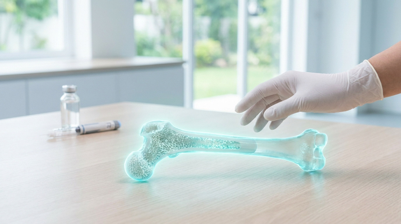 Main gantée pointant vers une représentation holographique d'un os sain sur une table de consultation médicale.