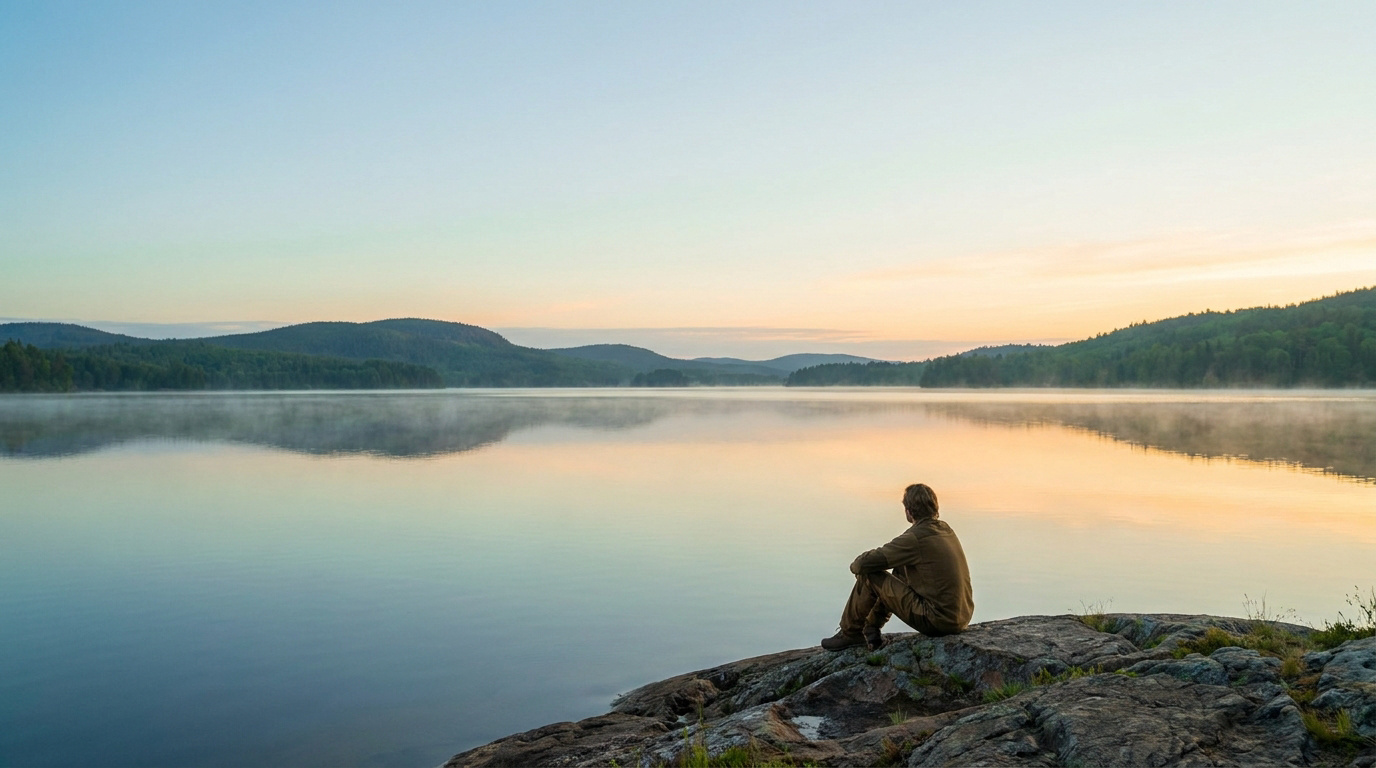 Un homme assis sur un rocher contemplant un lac calme et brumeux au lever du soleil.