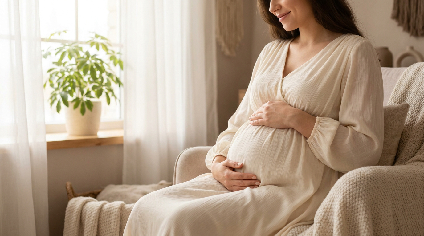 Une femme enceinte souriante assise dans un fauteuil, les mains posées sur son ventre, près d'une fenêtre lumineuse.