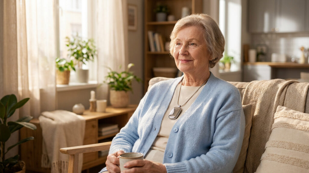 Une femme âgée souriante portant un pendentif de téléassistance, assise confortablement dans son salon lumineux.