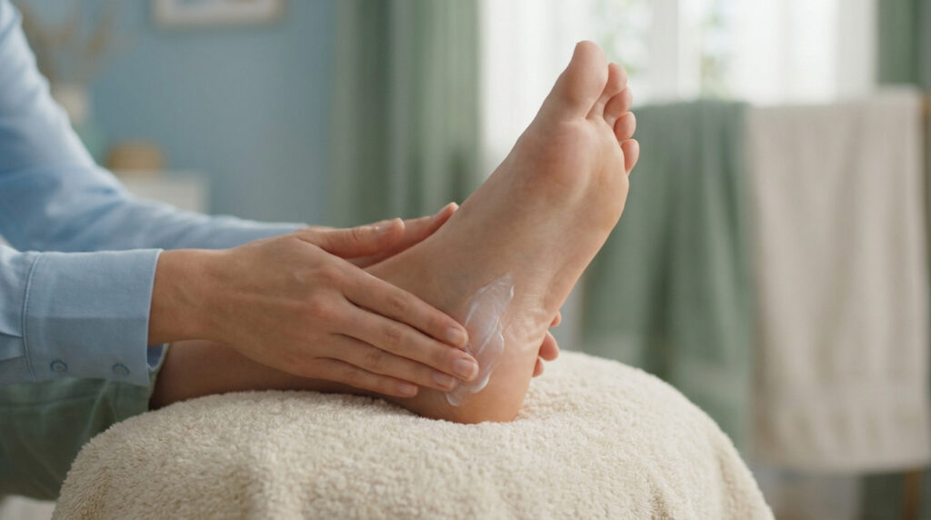 Une personne applique une crème hydratante sur son talon pour traiter un durillon au pied.