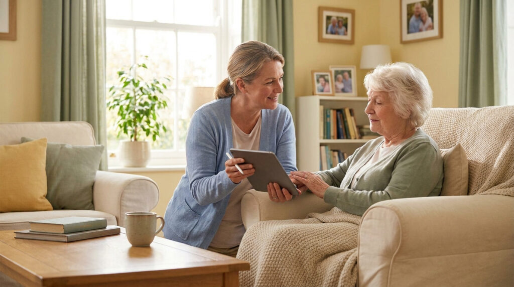 Une aidante bienveillante montre une tablette numérique à une personne âgée assise confortablement dans un salon.