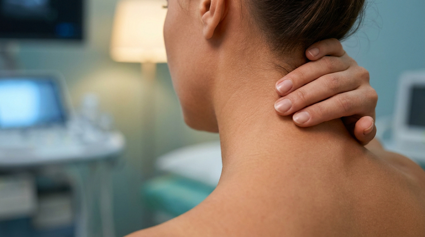 Une femme se tient la nuque avec la main, souffrant d'une douleur cervicale dans un cabinet médical.