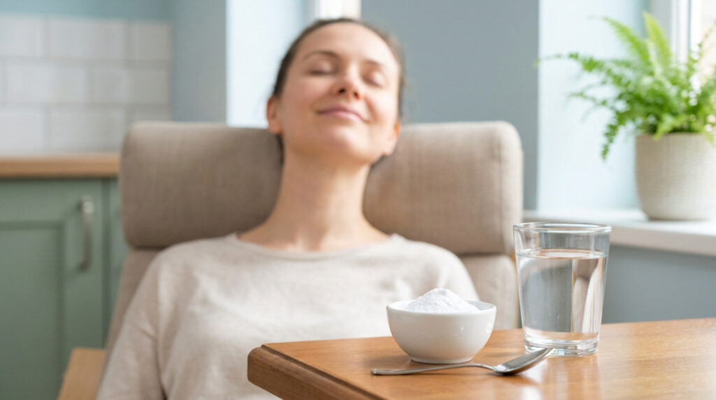 Une femme détendue avec un bol de bicarbonate de soude et un verre d'eau sur une table.