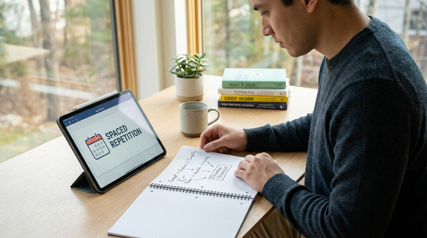 Un étudiant travaillant sur une tablette affichant « Spaced Repetition » et prenant des notes manuscrites.