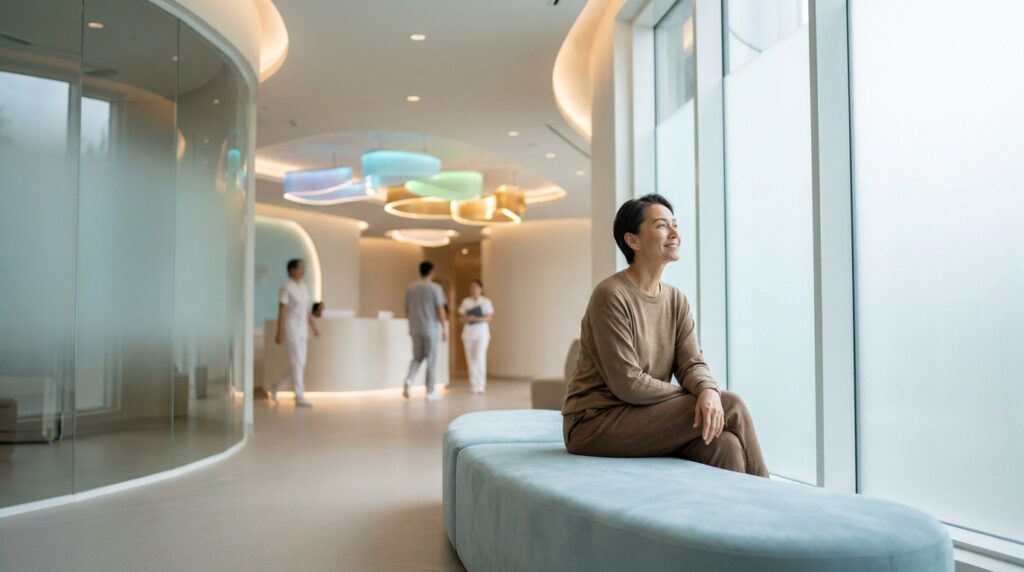 Une femme assise sereinement dans une salle d'attente lumineuse et moderne d'une clinique.