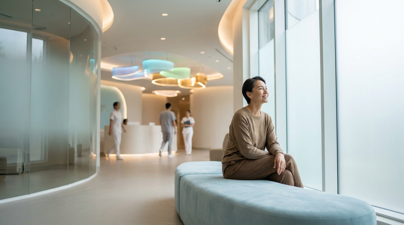 Une femme assise sereinement dans une salle d'attente lumineuse et moderne d'une clinique.