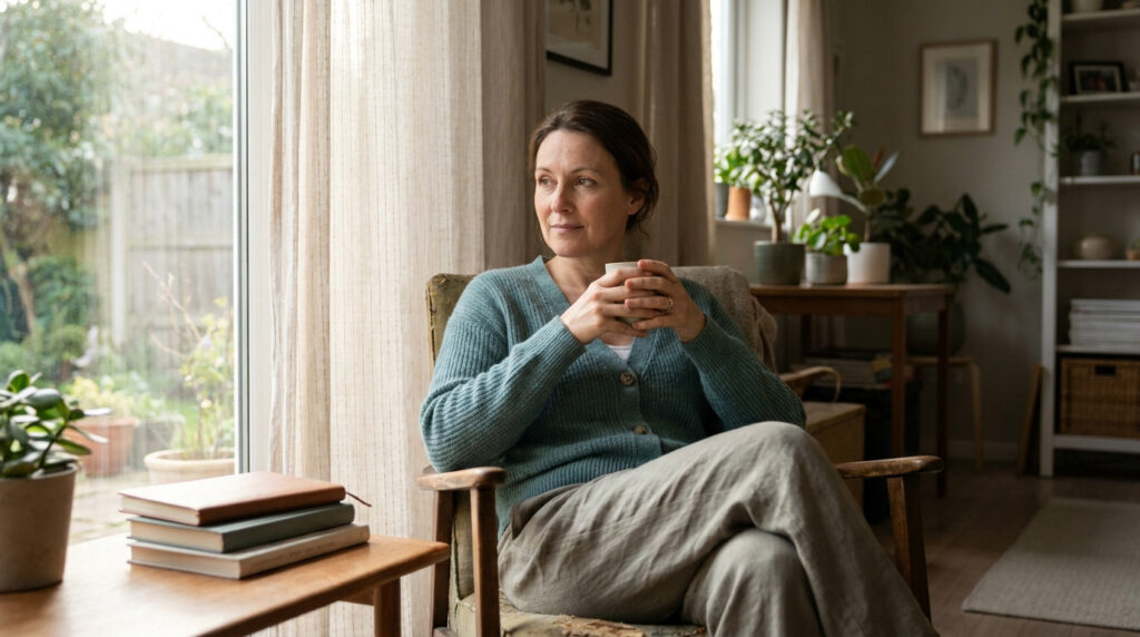 Une femme pensive assise dans un fauteuil près d'une fenêtre avec une tasse de thé, évoquant la fatigue ou l'introspection.