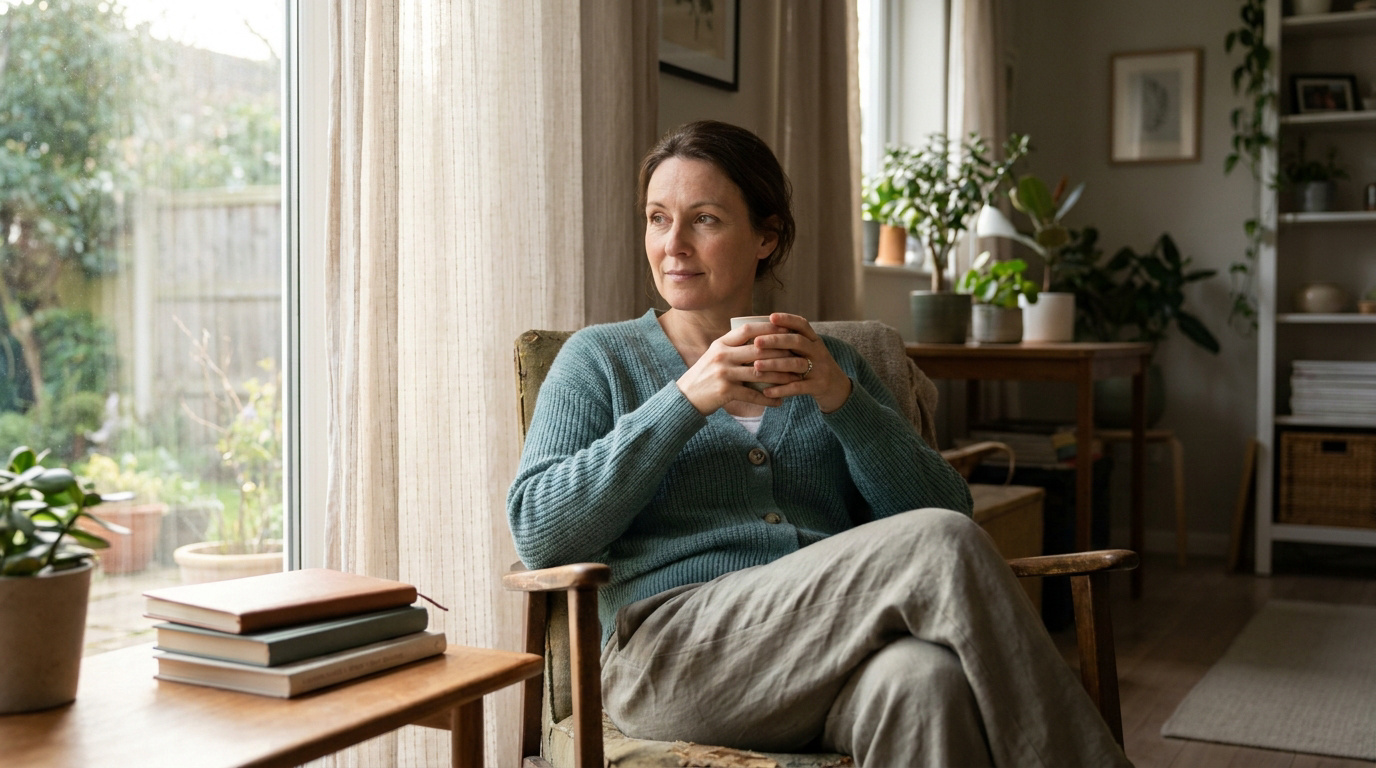 Une femme pensive assise dans un fauteuil près d'une fenêtre avec une tasse de thé, évoquant la fatigue ou l'introspection.