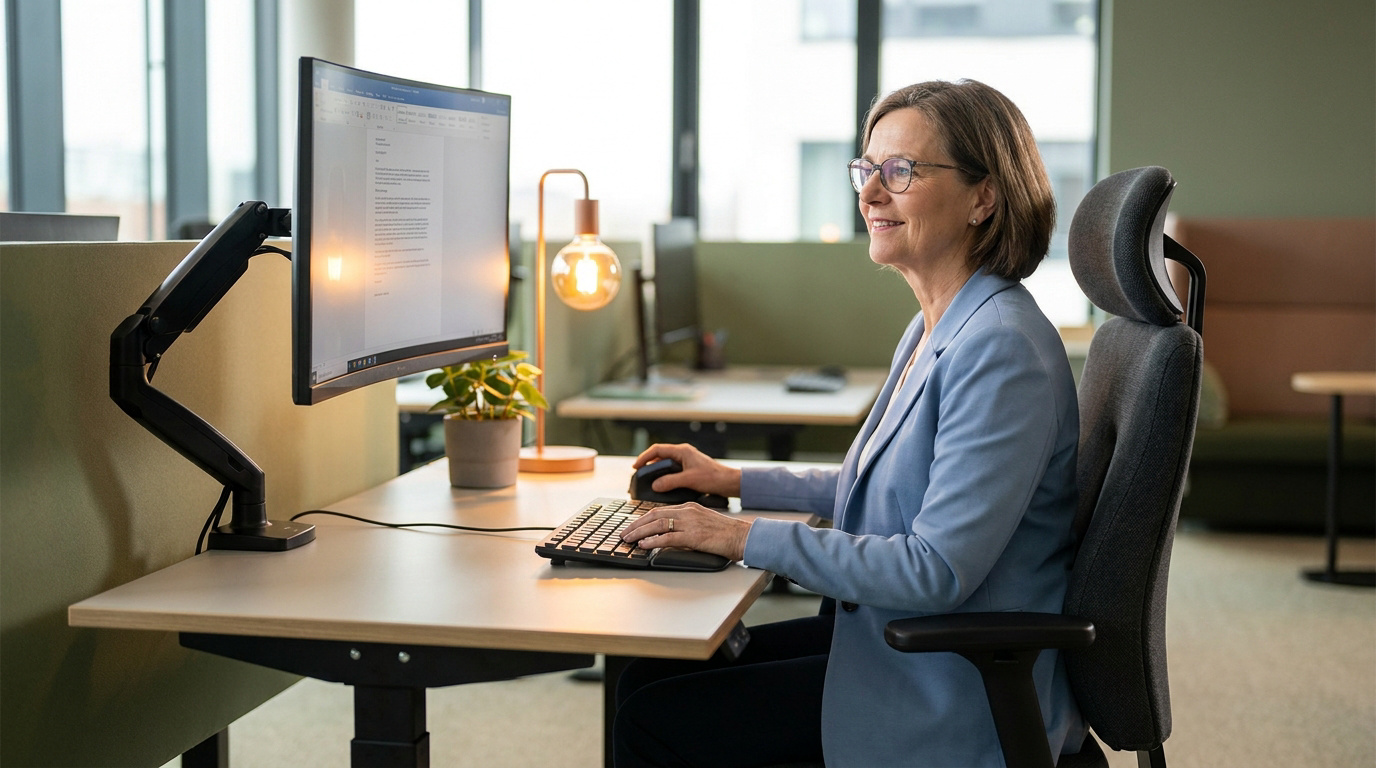 Une femme souriante travaille confortablement sur un bureau ergonomique avec un écran ajustable et une souris adaptée.