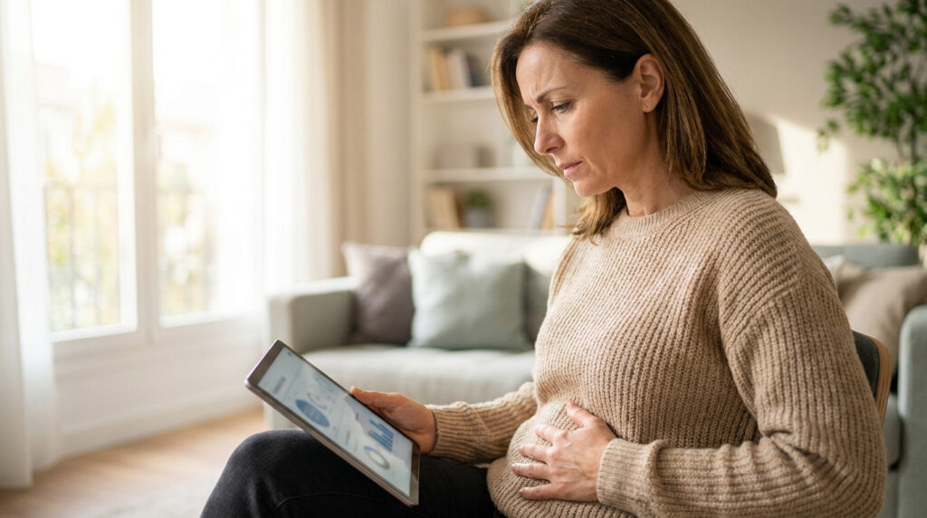 Femme assise chez elle, l'air préoccupé, tenant une tablette numérique tout en se tenant le ventre.