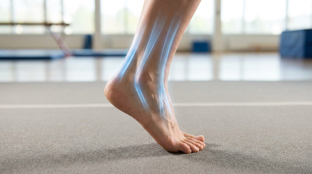 Vue latérale d'un pied humain avec des effets de lumière bleue soulignant les tendons de la cheville et du pied.