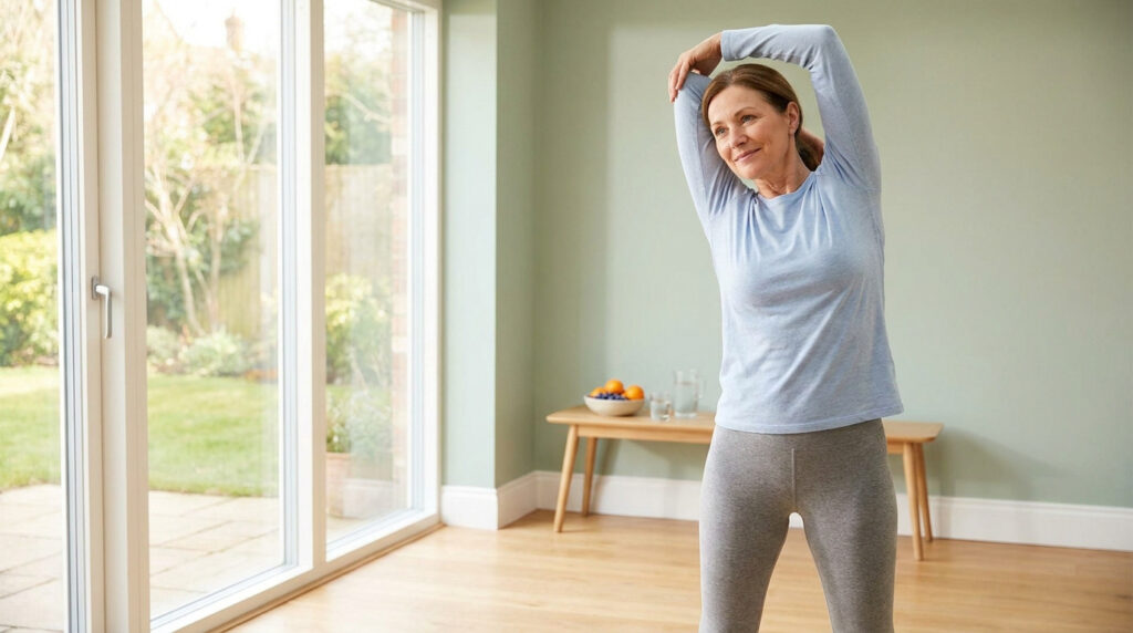 Une femme souriante en tenue décontractée pratique des étirements doux dans un salon lumineux.