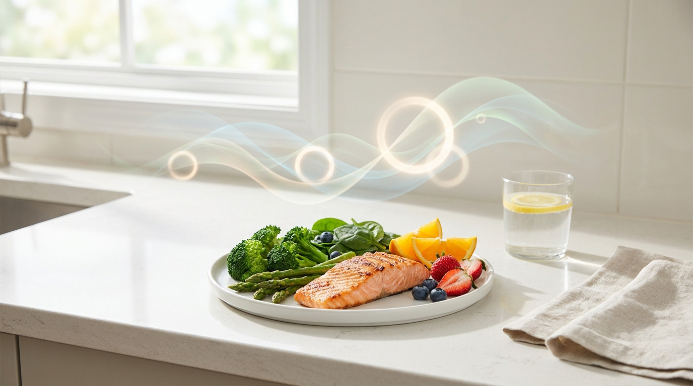 Une assiette équilibrée avec du saumon, des légumes et des fruits, surmontée d'effets graphiques circulaires.