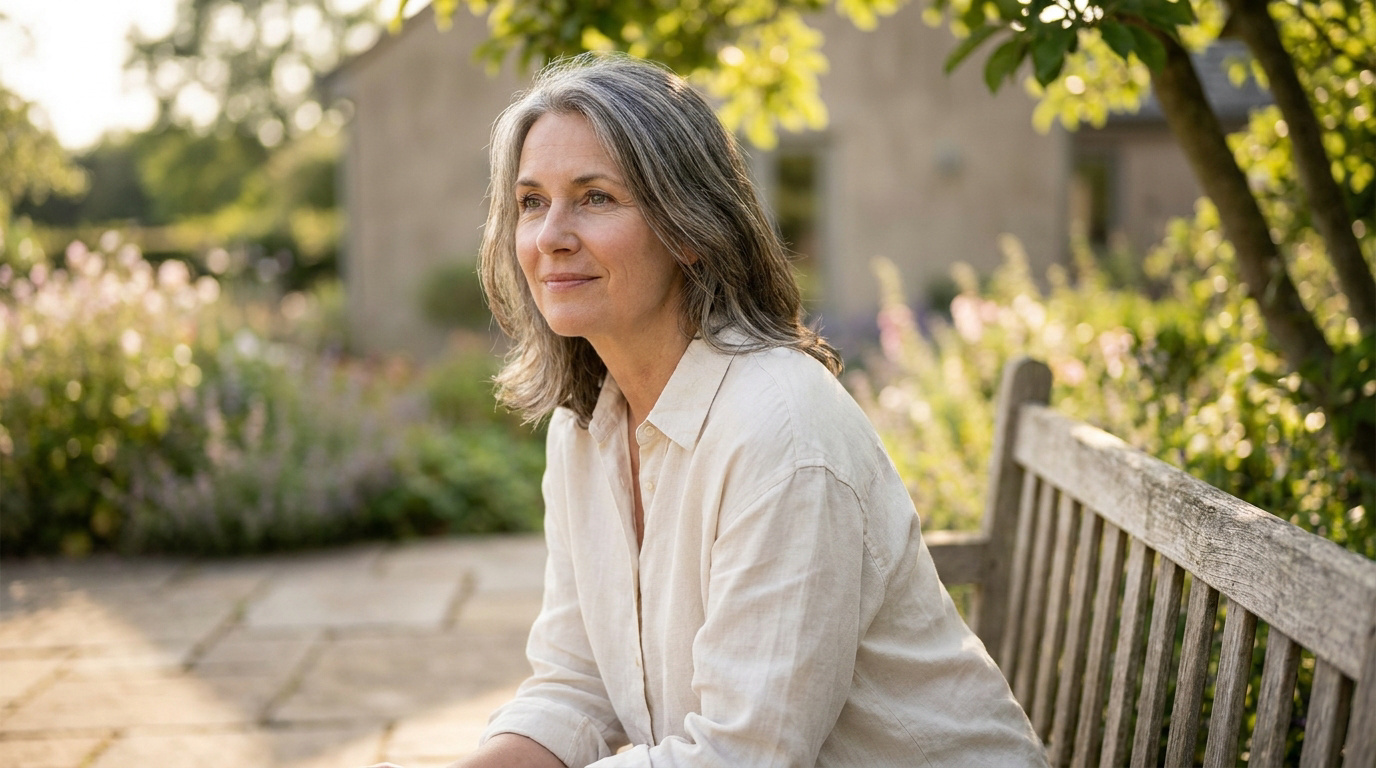 Femme mûre aux cheveux gris souriante, assise sur un banc dans un jardin ensoleillé.