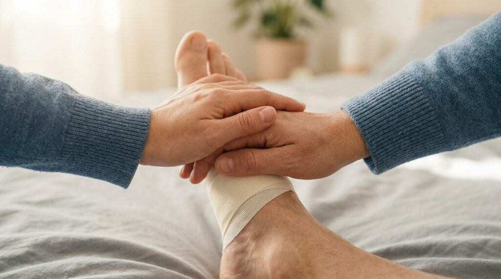 Mains rassurantes posées sur un pied bandé suite à une opération de l'hallux valgus.