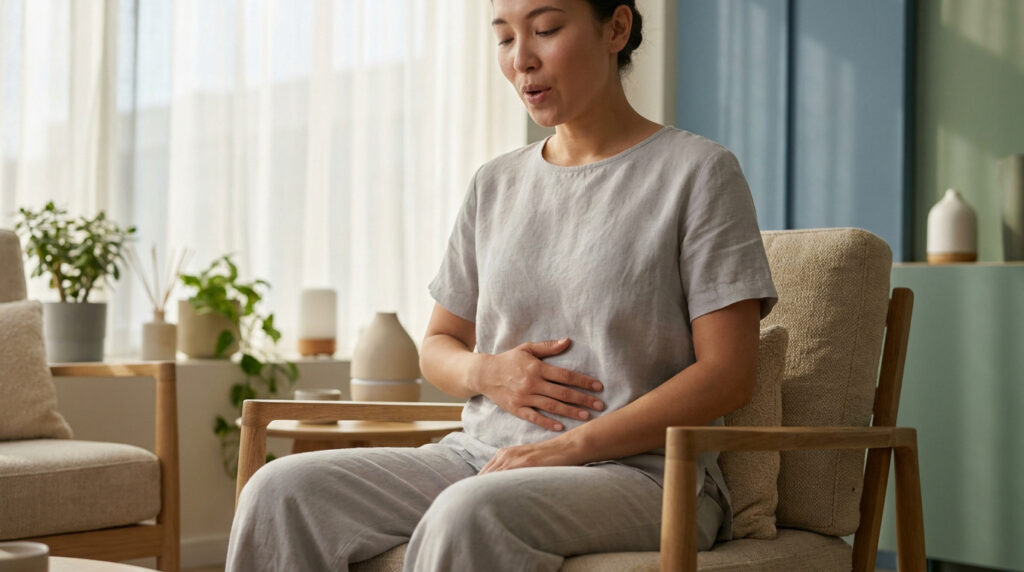 Une femme assise dans un fauteuil pratique un exercice de respiration profonde en posant la main sur son abdomen.