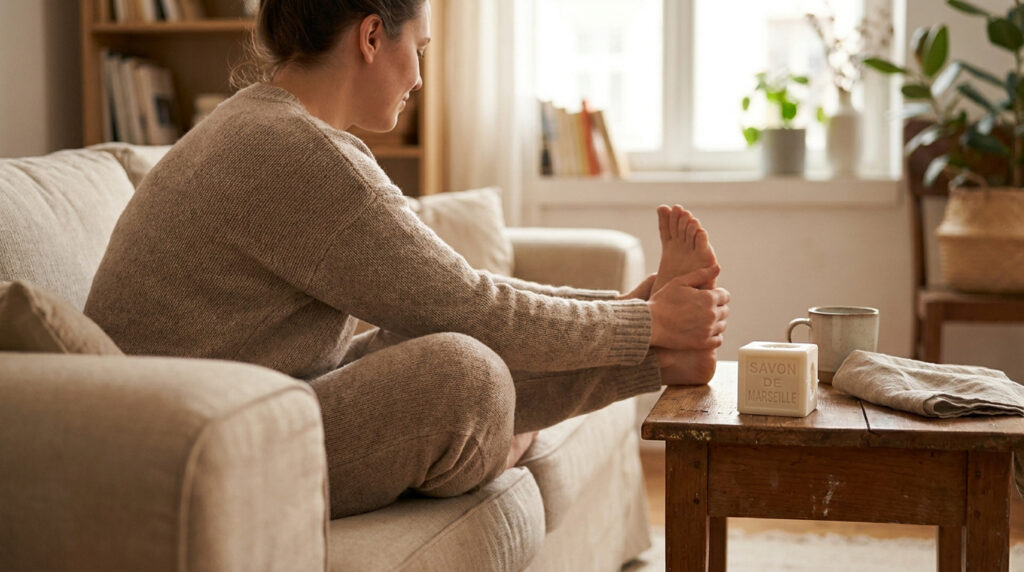 Une femme assise sur un canapé s'étire le pied à côté d'un savon de Marseille sur une table.