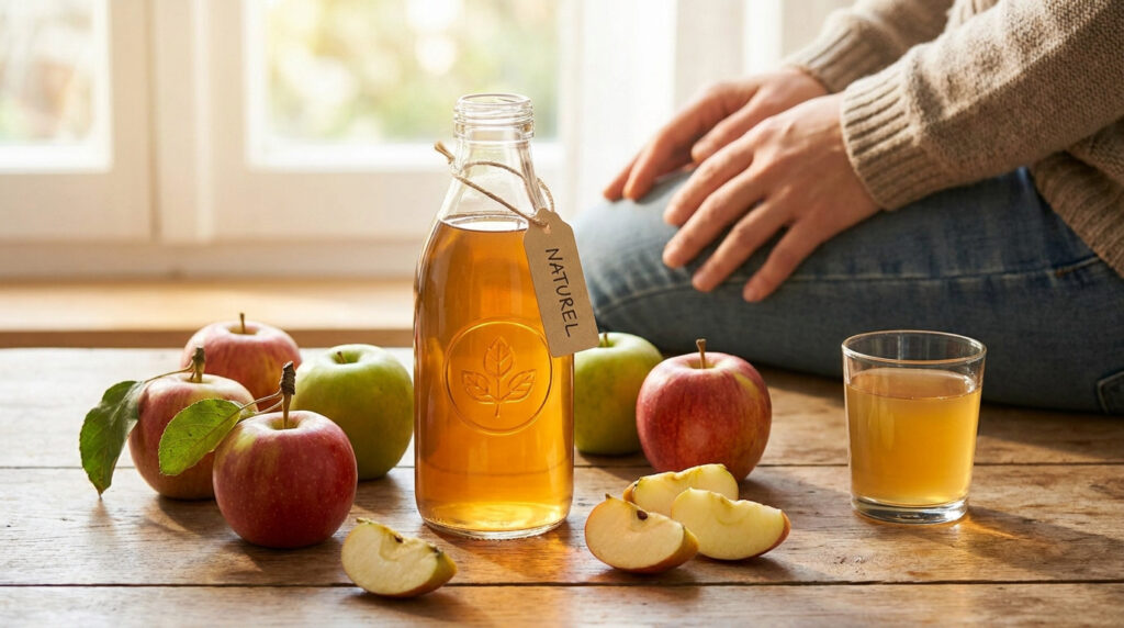 Bouteille de vinaigre de cidre avec une étiquette Naturel, entourée de pommes fraîches sur une table en bois.