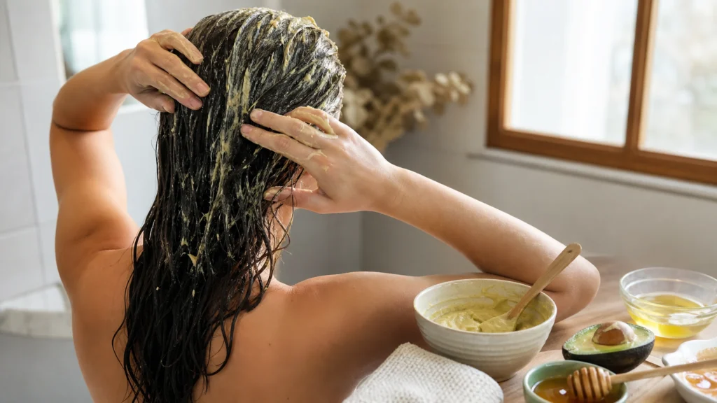 Illustration éditoriale pour l’article « Votre masque cheveux naturel maison pour un éclat durable »