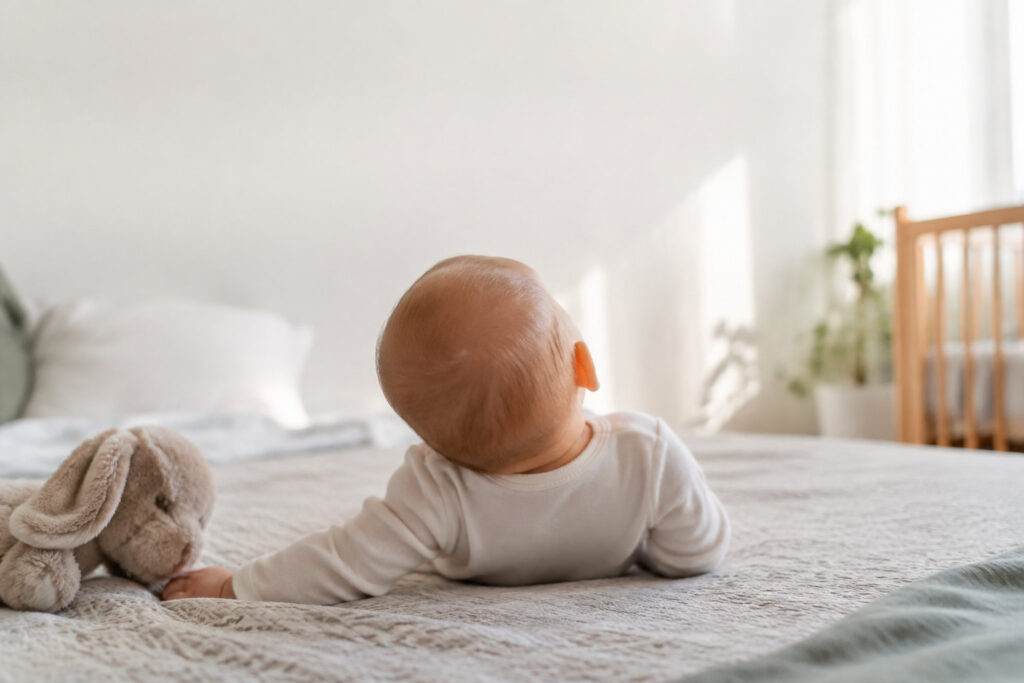 Un bébé allongé sur le ventre sur un lit, la tête inclinée sur le côté, à côté d'un doudou en forme de lapin.