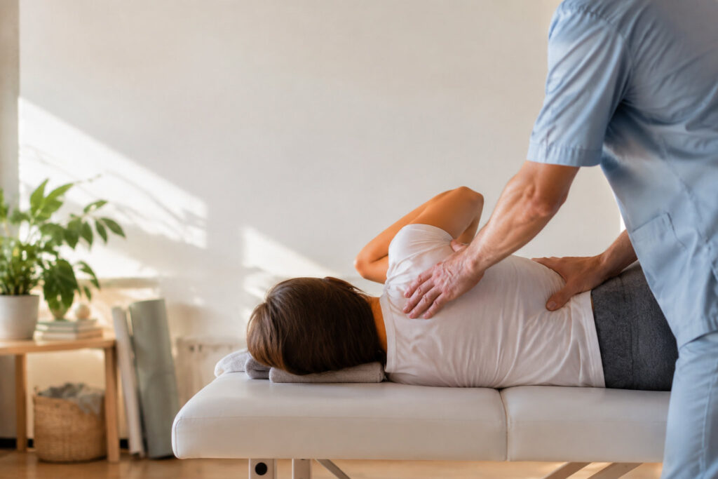 Un ostéopathe effectue une manipulation thérapeutique sur le dos d'une patiente allongée sur une table de consultation.