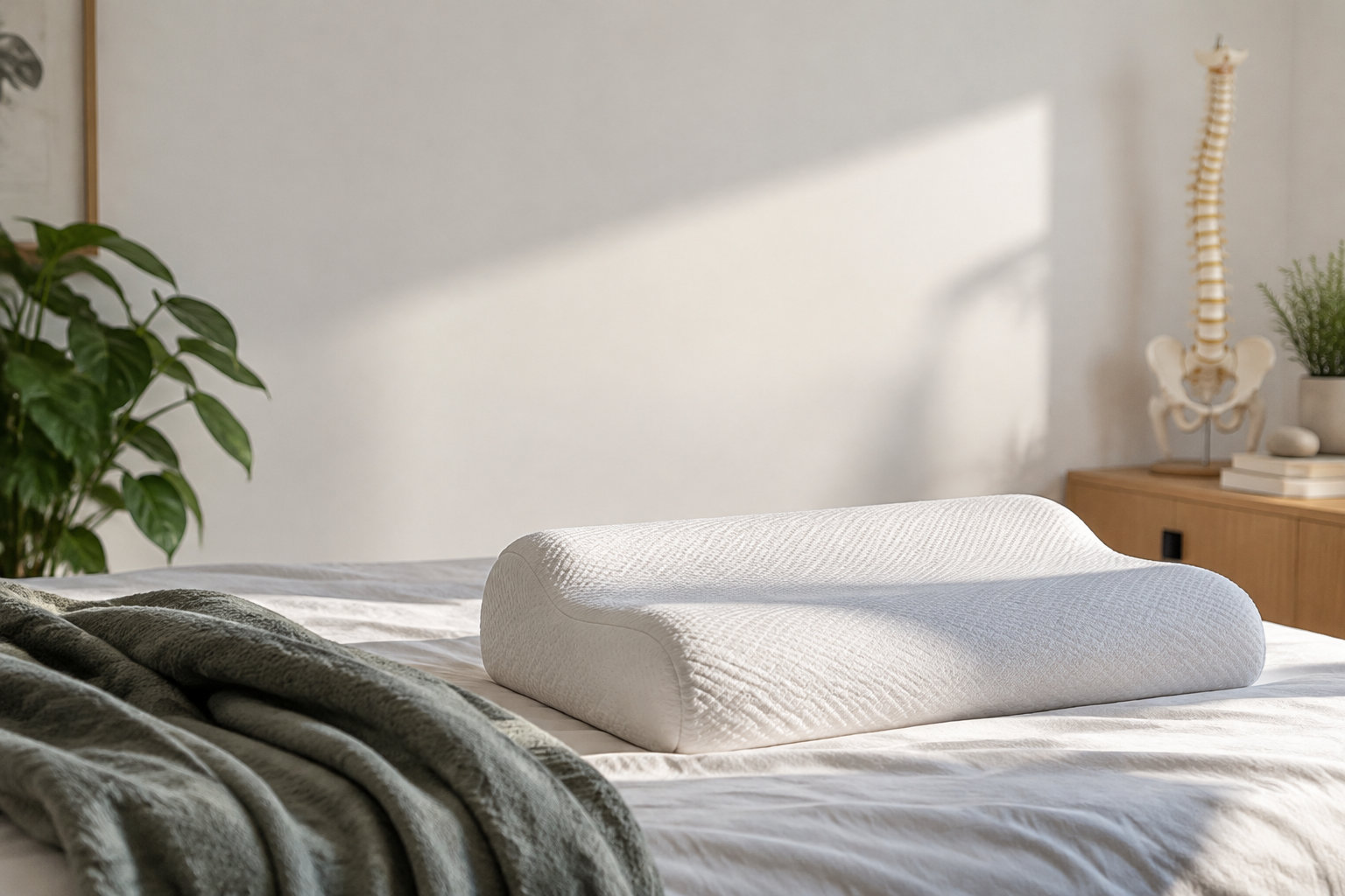 Un oreiller ergonomique à mémoire de forme posé sur un lit avec un modèle anatomique de colonne vertébrale en arrière-plan.