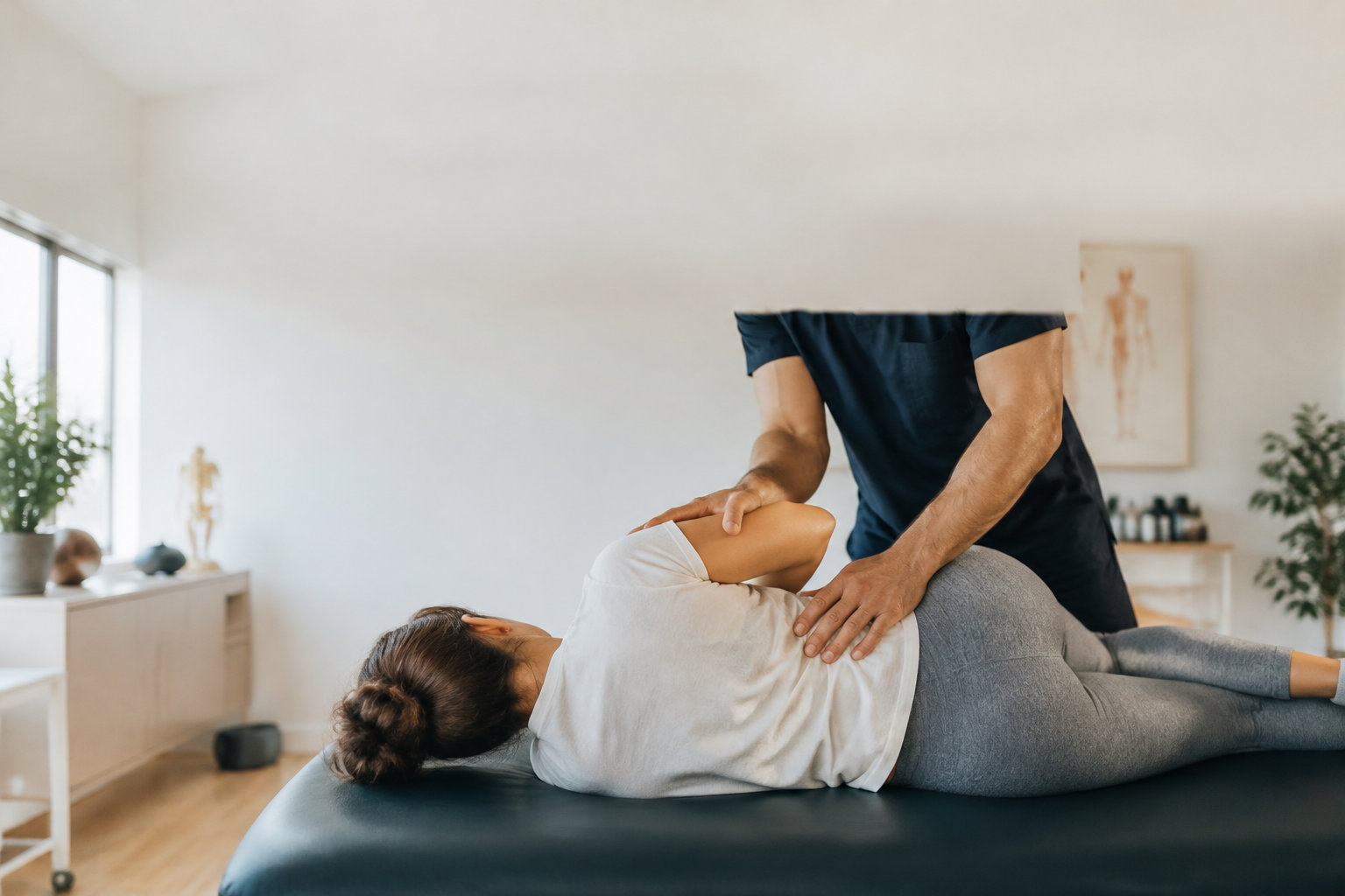 Un ostéopathe effectue une manipulation du dos sur une patiente allongée sur une table de massage en cabinet.