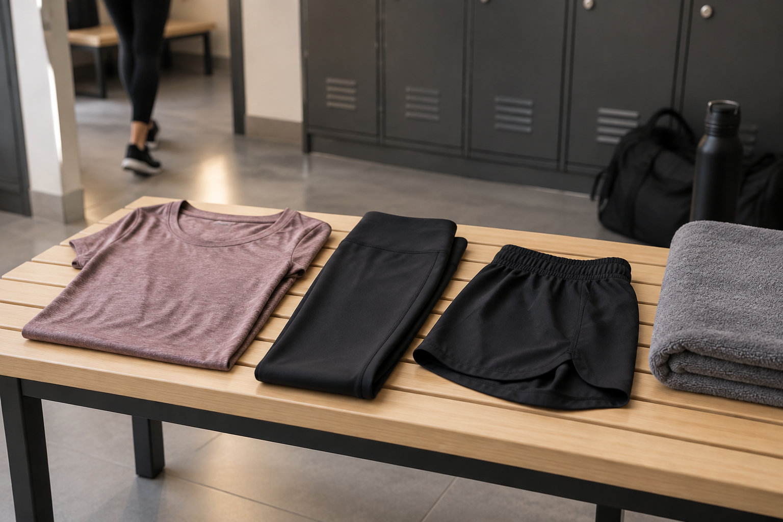 Un t-shirt rose, un legging noir, un short noir, une serviette grise, une gourde et un sac sont posés sur un banc en bois devant des casiers.