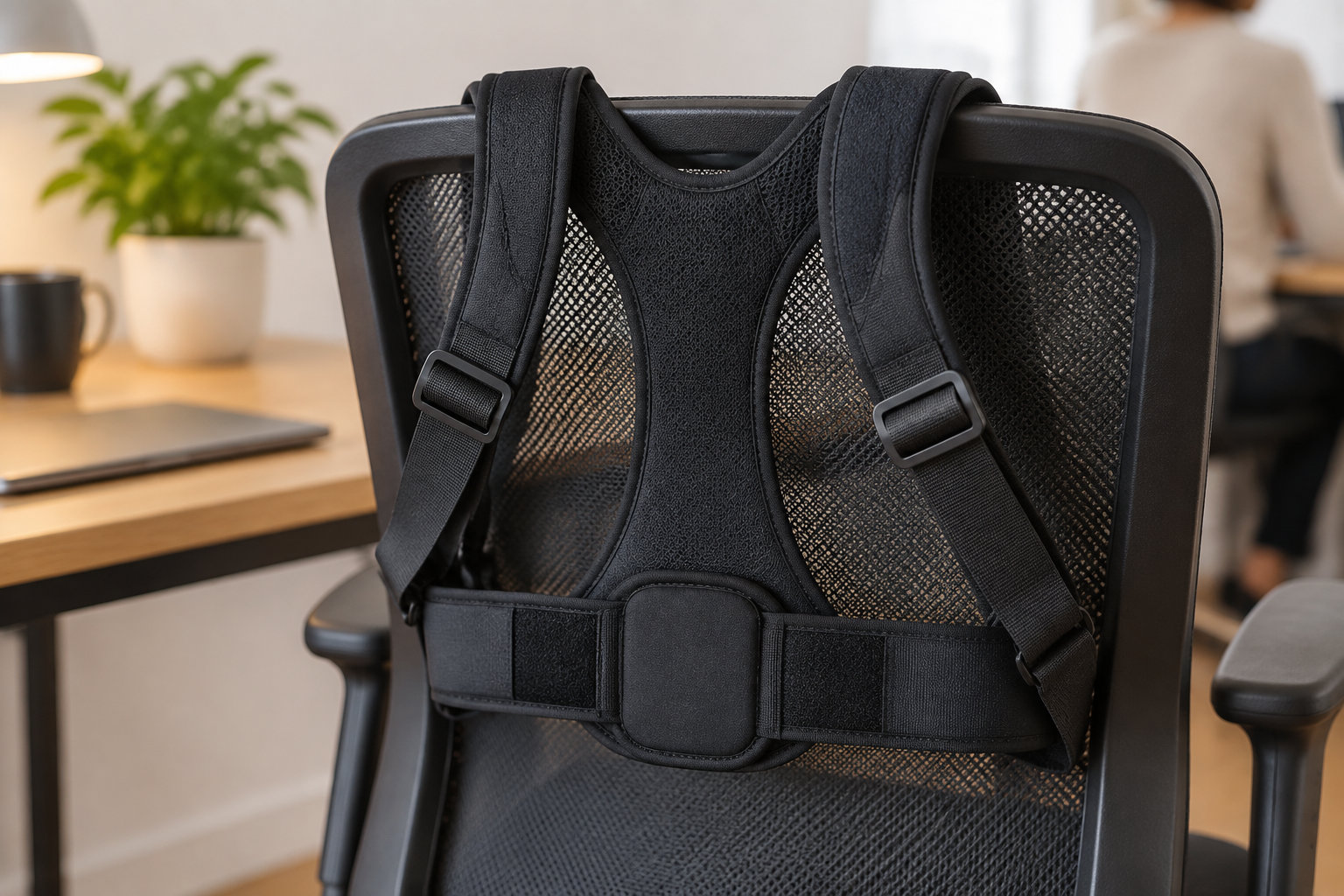 Un harnais noir à sangles réglables est posé sur le dossier d’une chaise de bureau en maille, près d’un ordinateur portable et d’une plante.