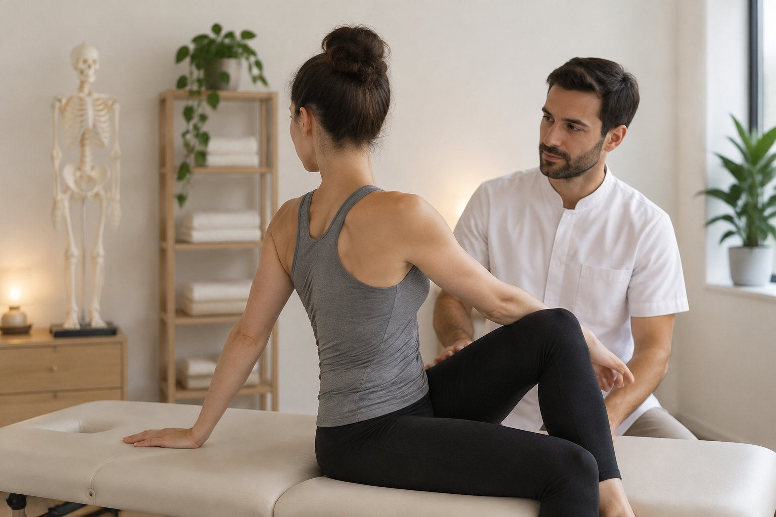 Une femme assise sur une table de soin effectue une rotation du tronc tandis qu’un praticien en blouse blanche l’accompagne.
