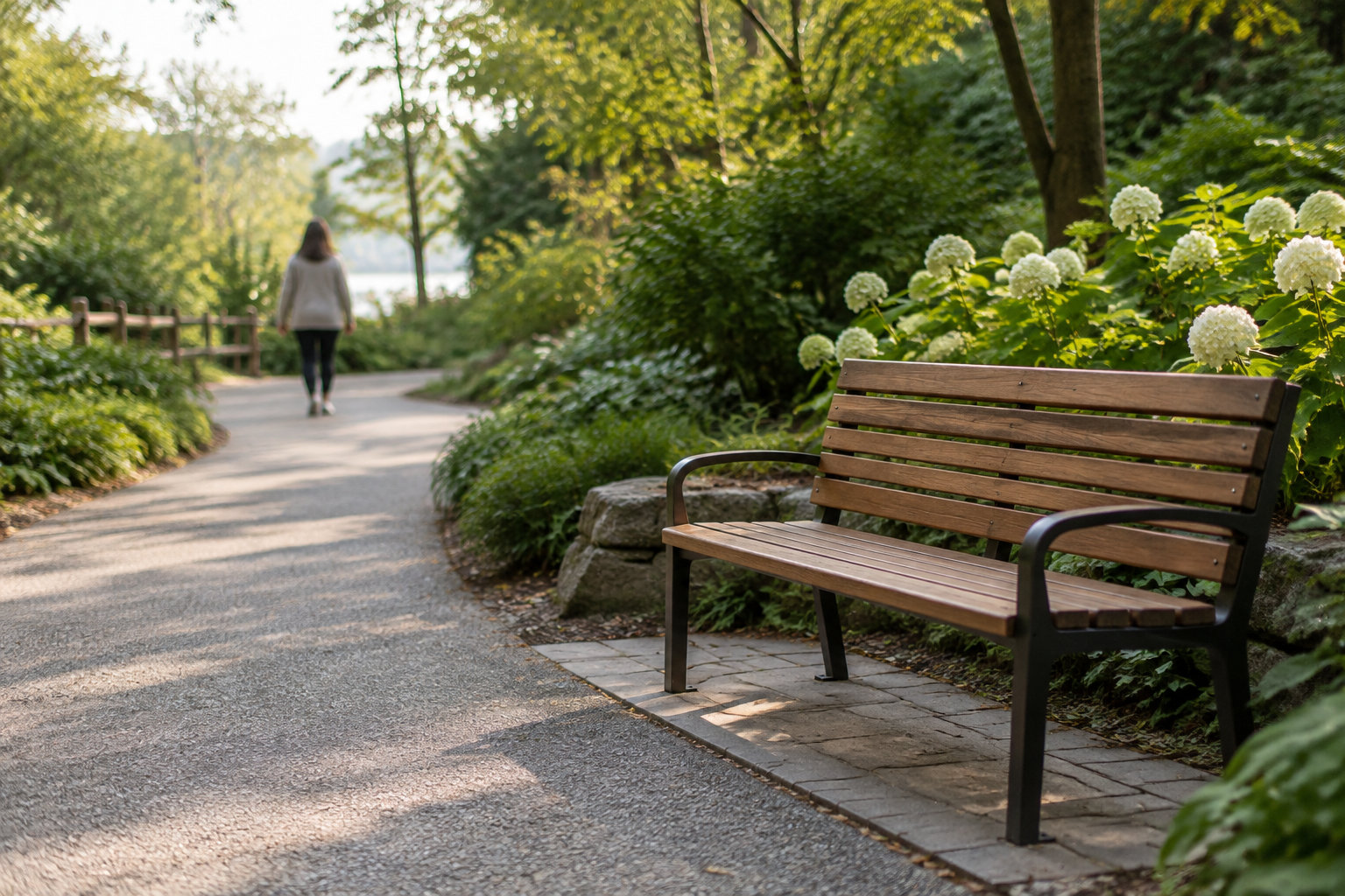 Un banc en bois se trouve au bord d’une allée dans un jardin, tandis qu’une personne s’éloigne au milieu des arbres et des fleurs.