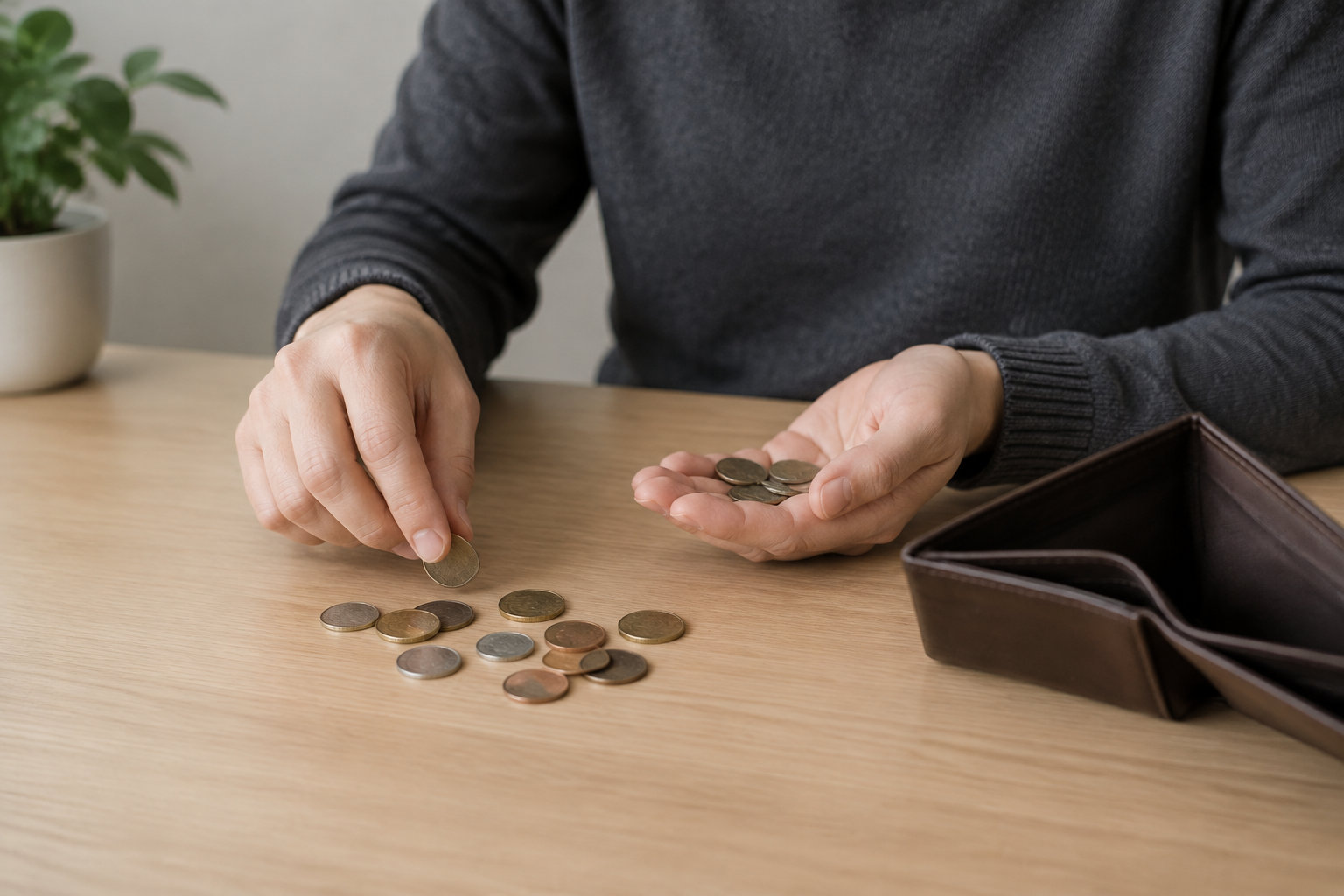 Une personne compte des pièces sur une table, près d’un portefeuille ouvert et d’une plante en pot.
