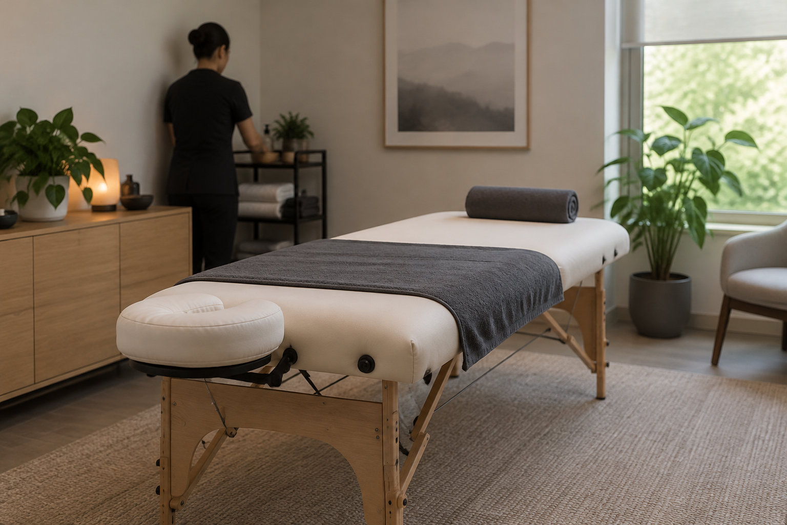 Une personne prépare une table de massage dans une pièce aménagée avec des plantes, des serviettes et une fenêtre.