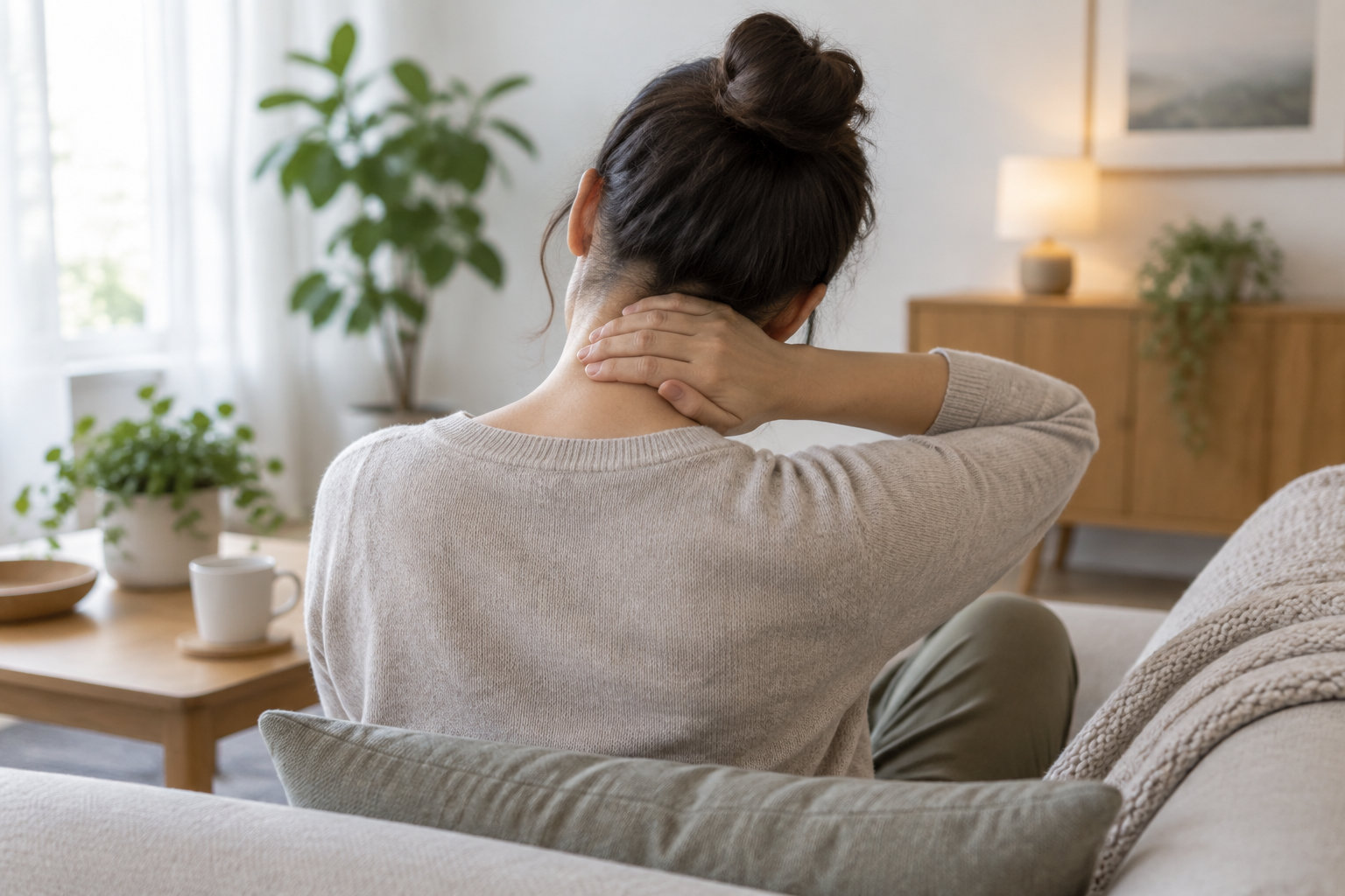 Une femme assise sur un canapé se masse la nuque dans un salon lumineux.
