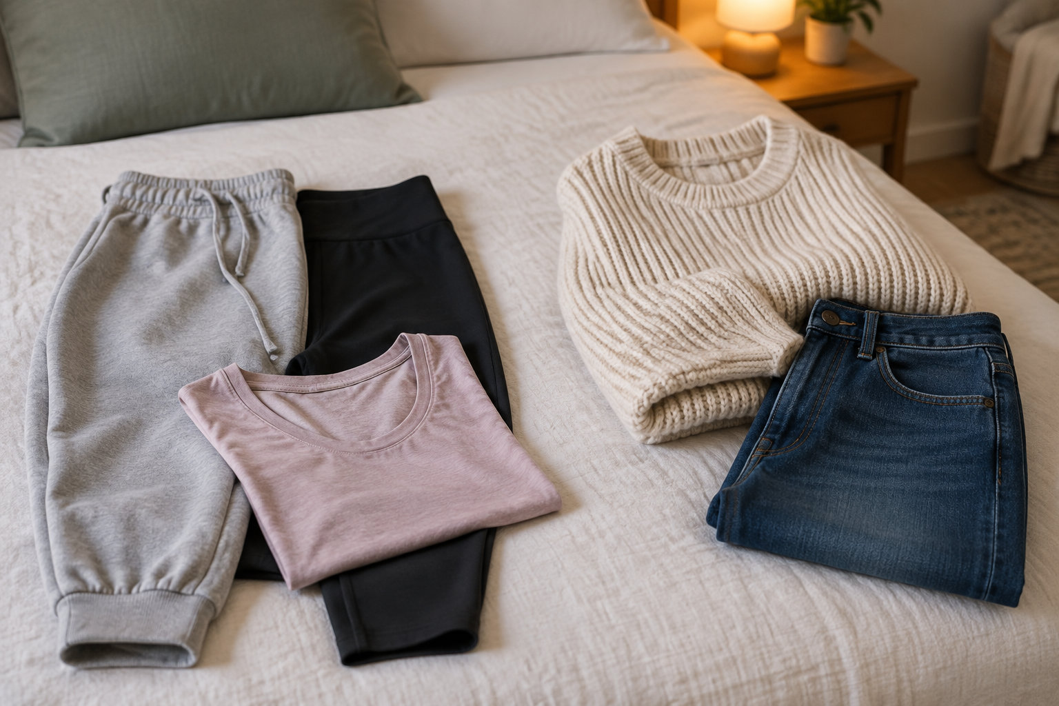 Des vêtements pliés sont disposés sur un lit dans une chambre, avec une lampe allumée sur la table de chevet.