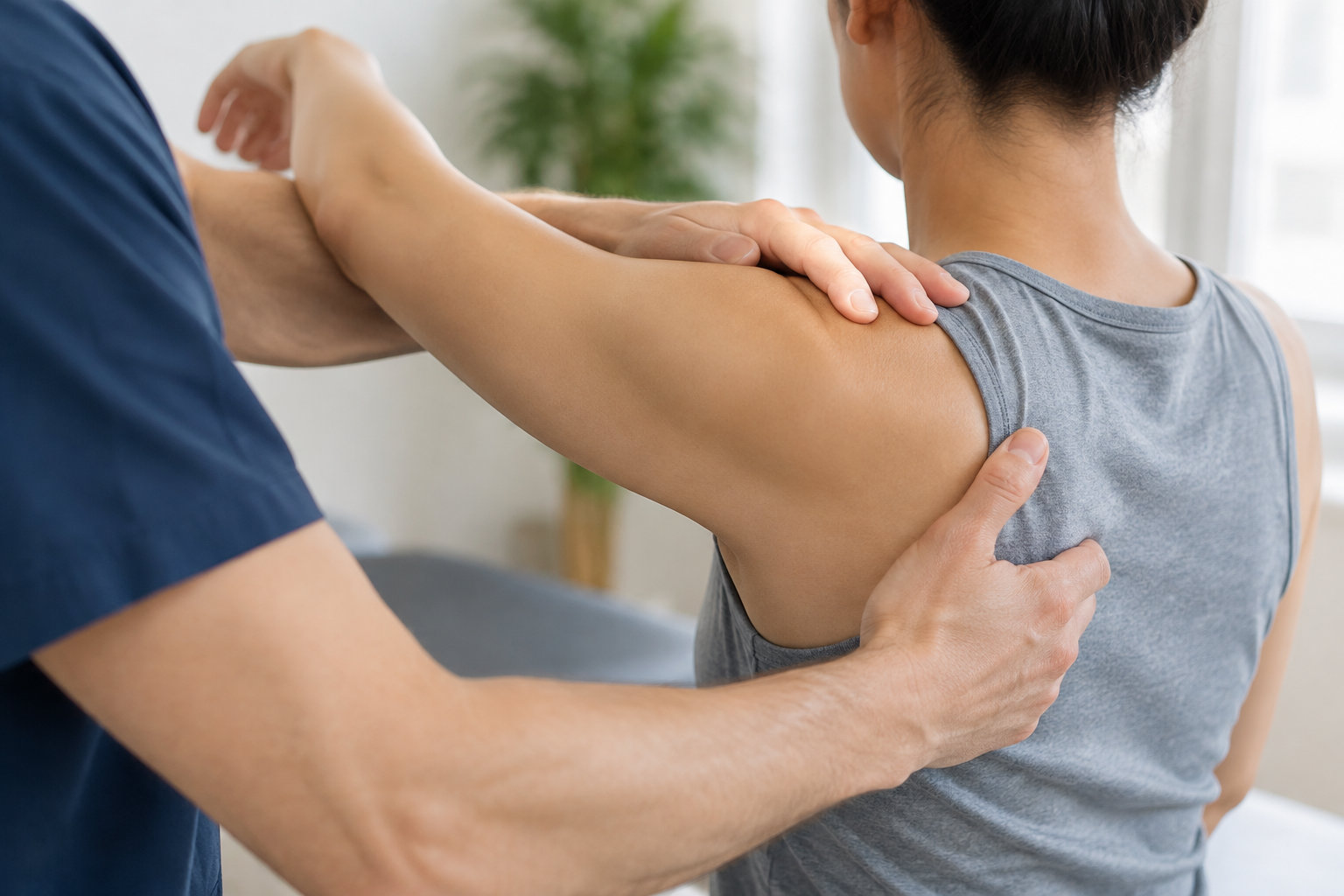 Un professionnel de santé manipule le bras d’une personne vêtue d’un débardeur gris.