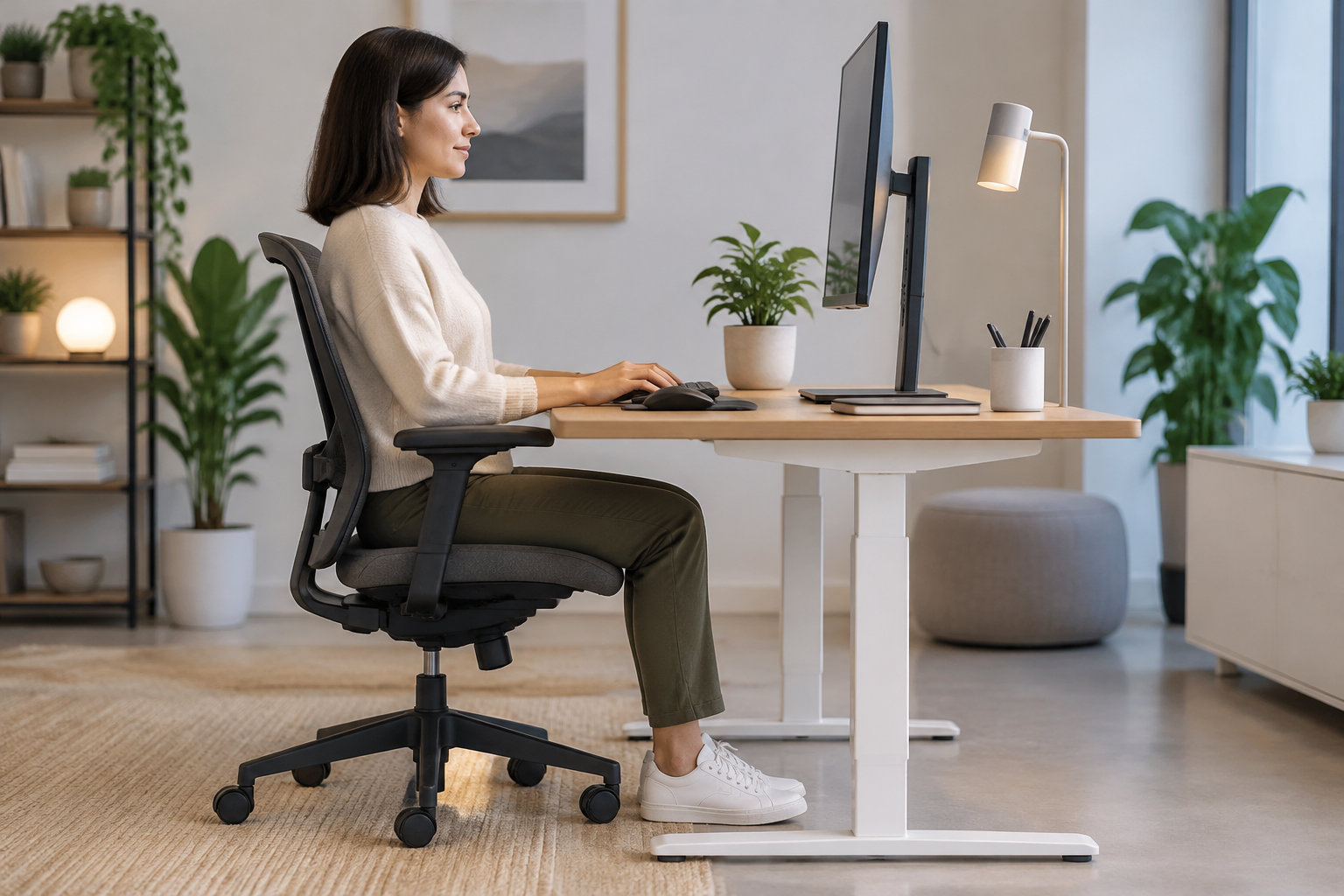 Une femme est assise à un bureau réglable devant un écran d’ordinateur, dans une pièce lumineuse décorée de plantes.