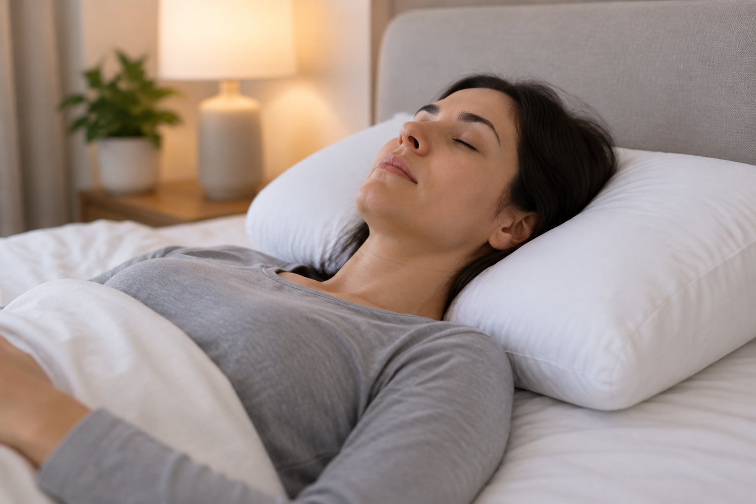 Une femme aux yeux fermés est allongée dans un lit, la tête posée sur un oreiller blanc et une couverture remontée sur elle.