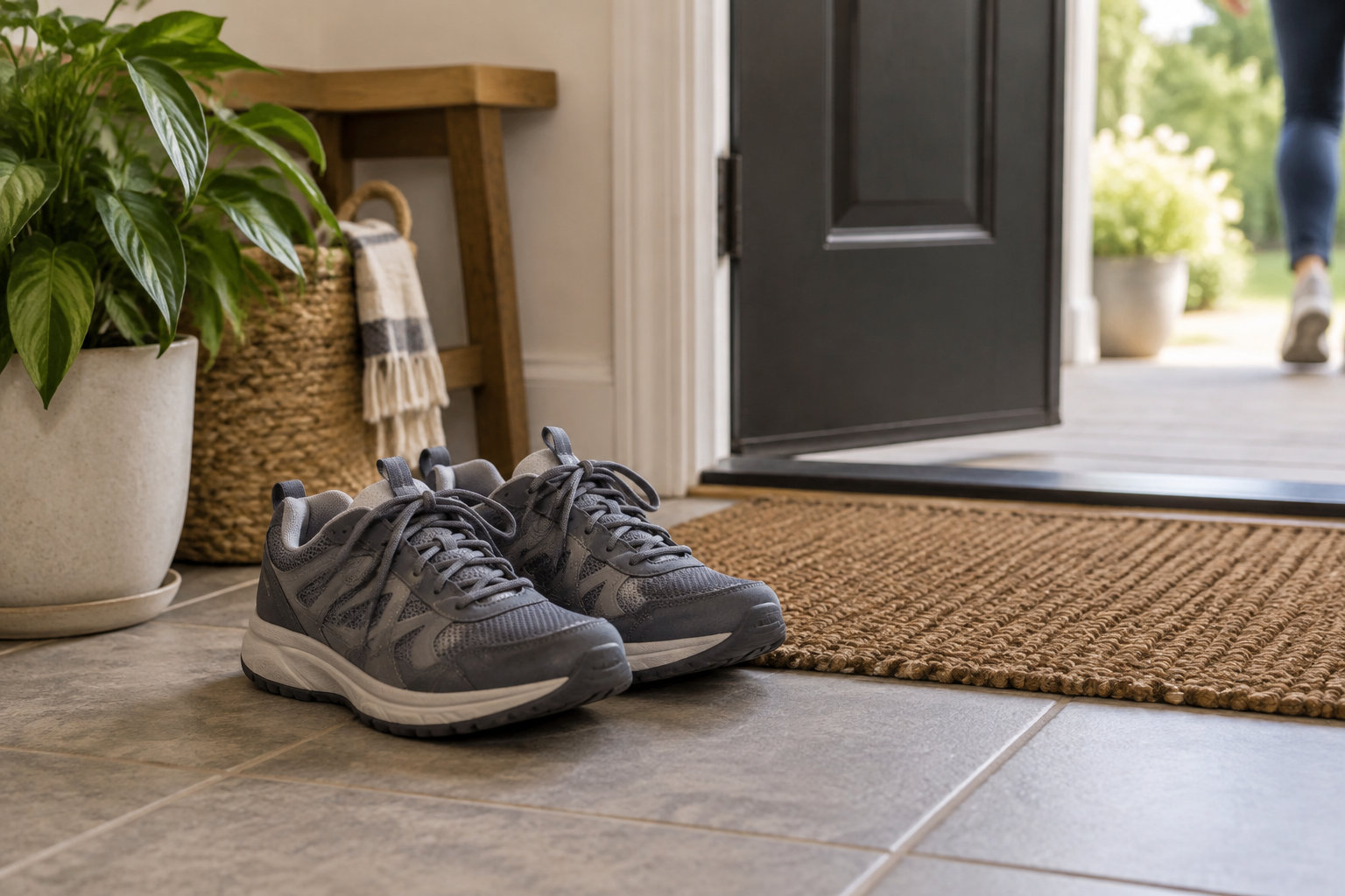 Une paire de chaussures de sport grises est posée sur le carrelage à l’entrée, près d’un tapis et d’une plante, tandis qu’une personne s’éloigne par la porte ouverte.