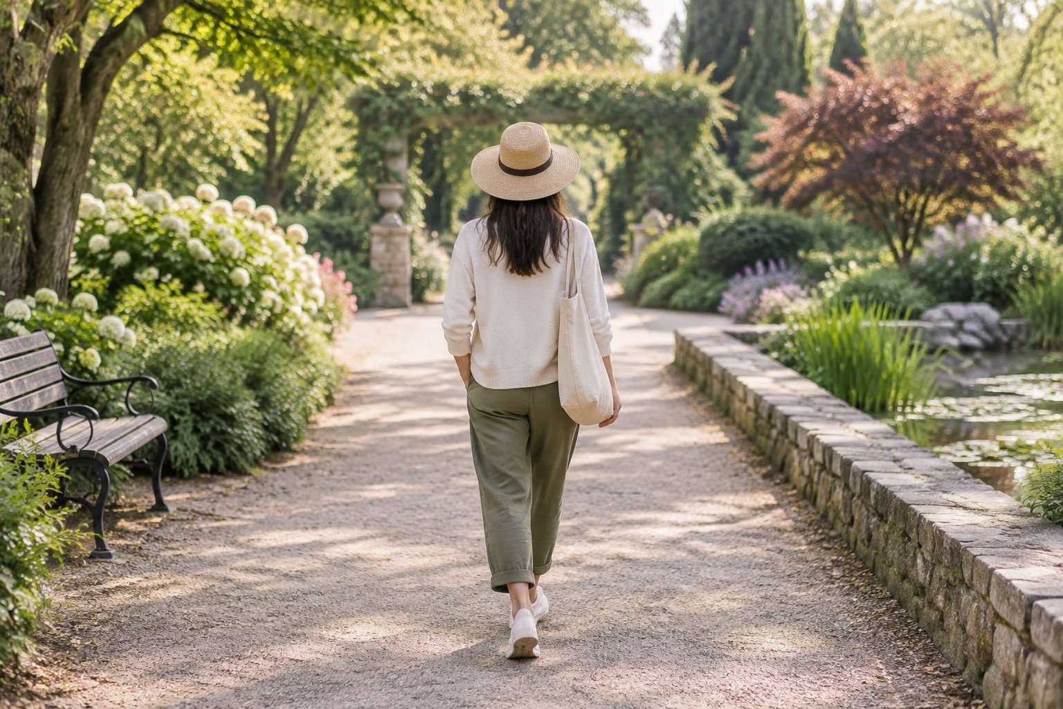 Une femme portant un chapeau de paille et un sac en toile marche sur une allée bordée de fleurs, d’arbres et d’un petit bassin.