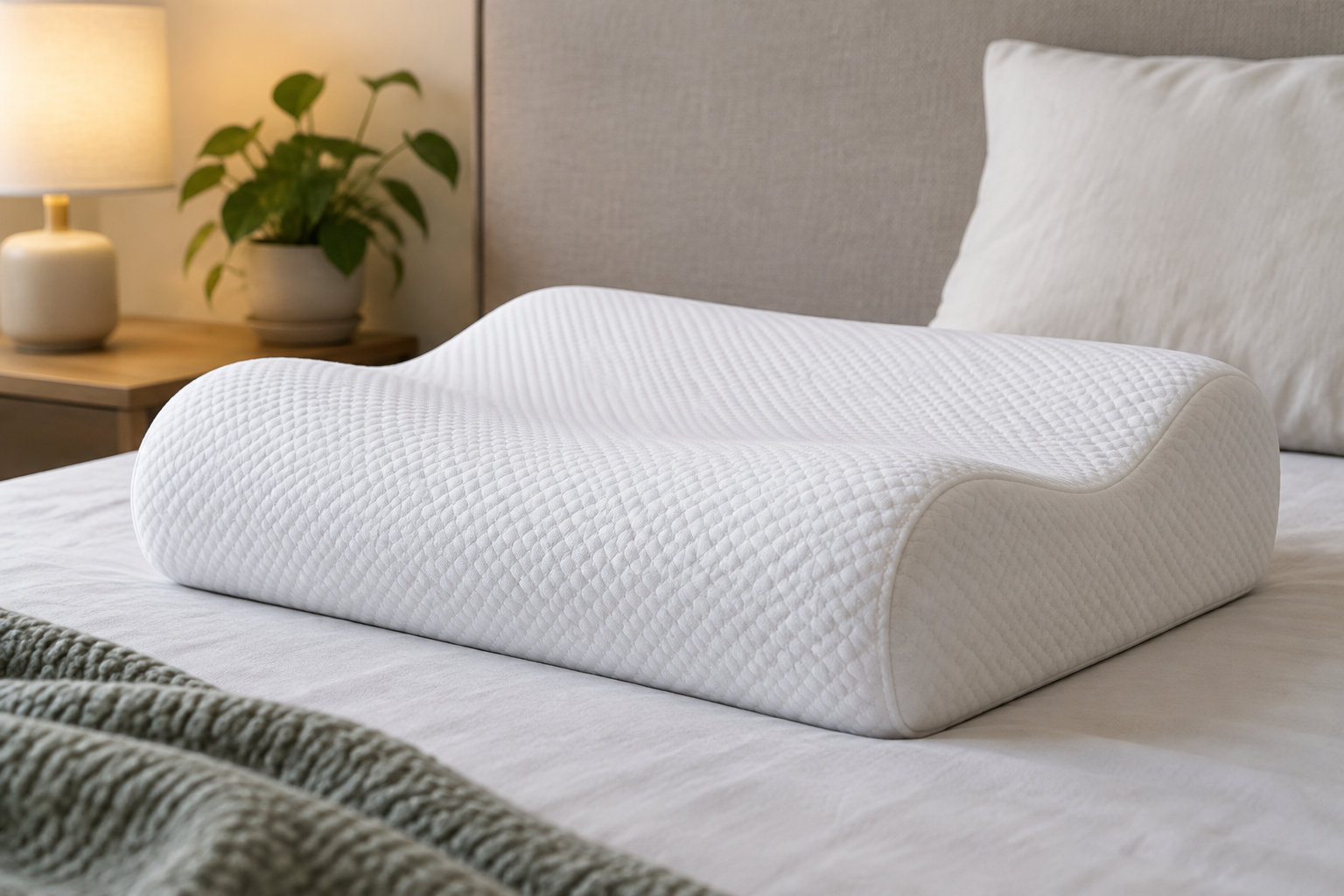 Un oreiller blanc ergonomique à reliefs est posé sur un lit, près d’une table de chevet avec une lampe et une plante.