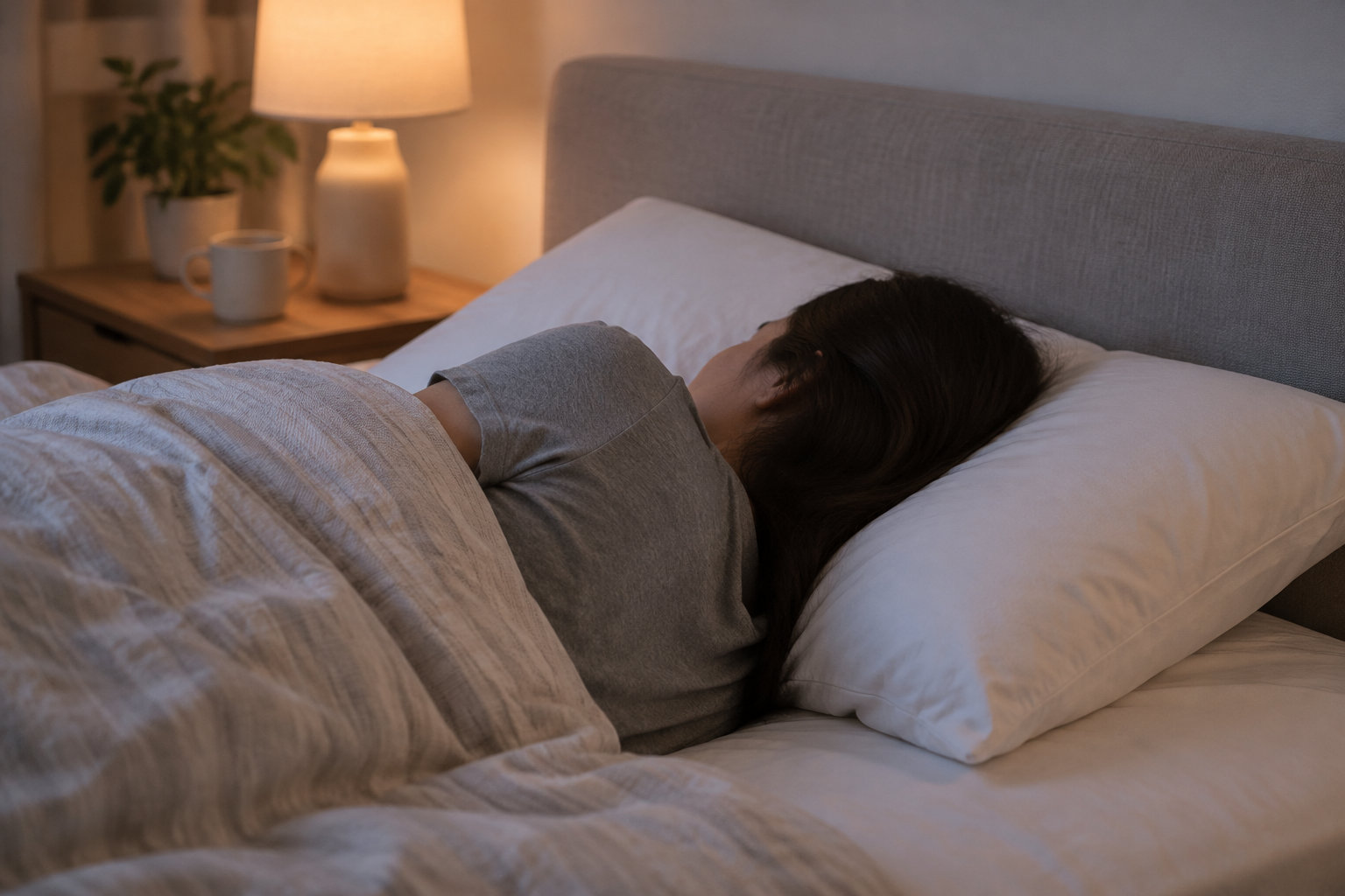 Une personne dort sur le côté, sous une couverture, dans un lit éclairé par une lampe de chevet.