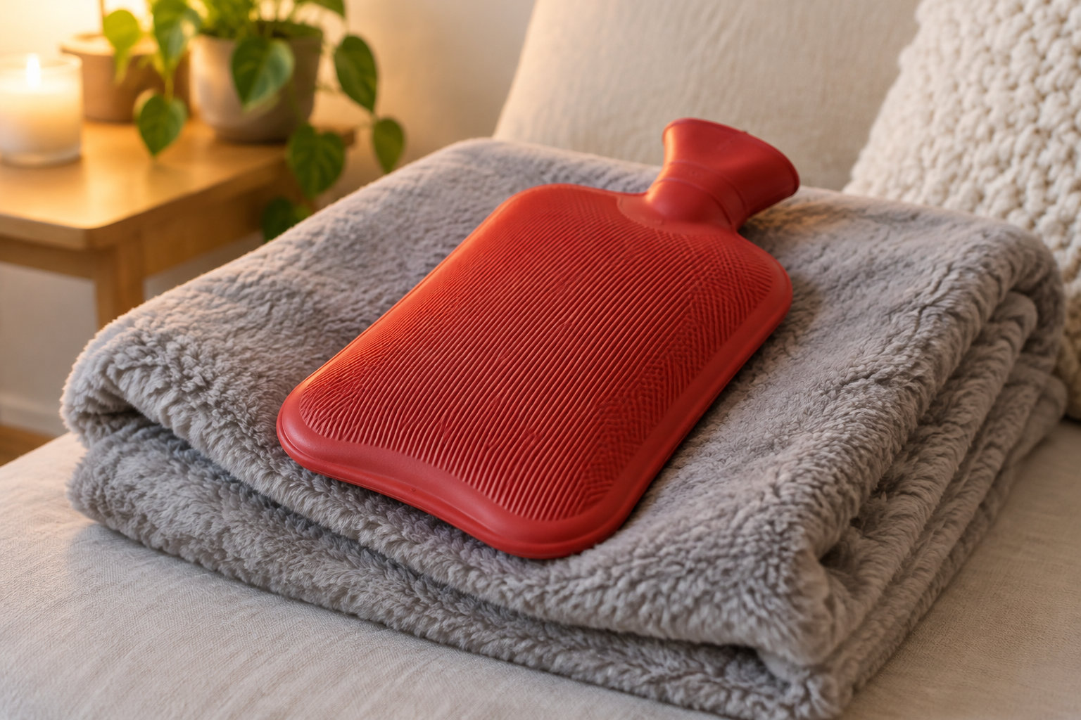 Une bouillotte rouge repose sur une couverture grise pliée, près d’une bougie allumée et d’une plante en pot.