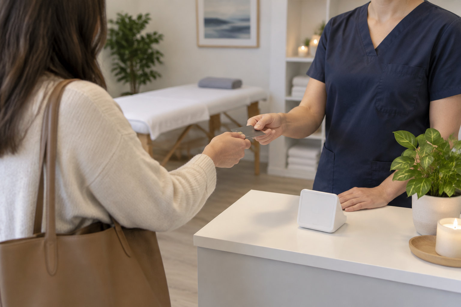 Une cliente remet une carte à une professionnelle en tenue médicale derrière un comptoir, dans une pièce avec une table de soin.
