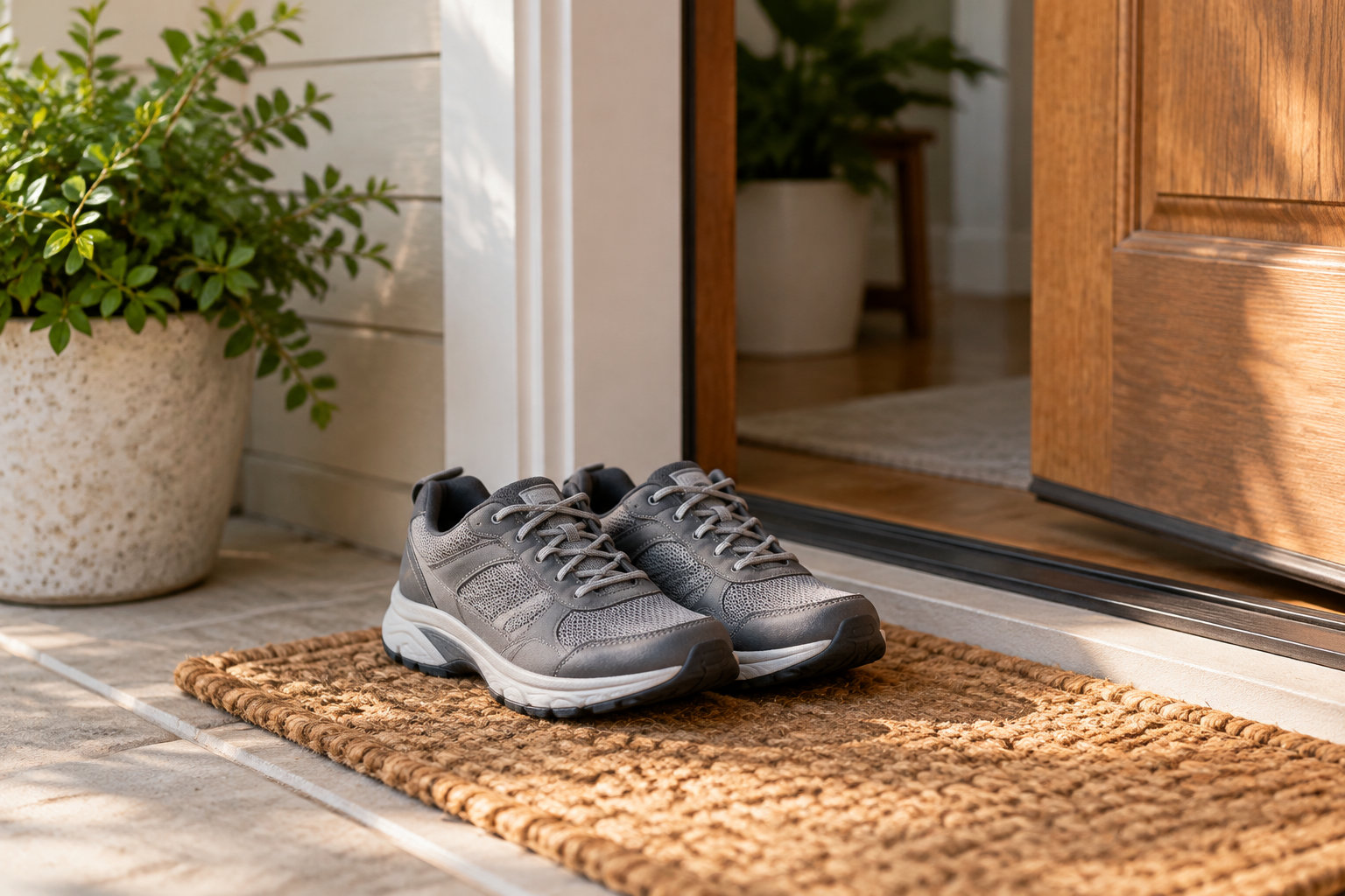 Une paire de chaussures de randonnée grises est posée sur un paillasson tressé devant une porte en bois entrouverte, avec une plante en pot à gauche.
