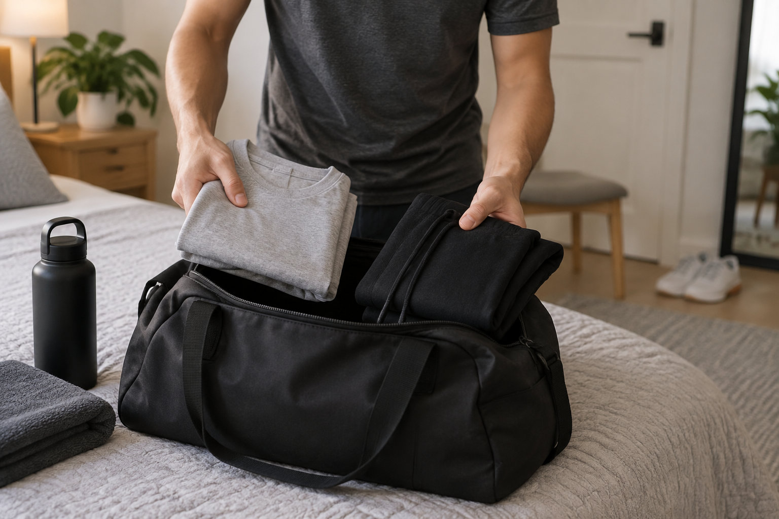Une personne range des vêtements pliés dans un sac de sport posé sur un lit, près d’une gourde noire.