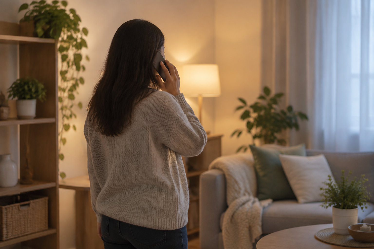 Une femme en pull clair tient un téléphone contre son oreille dans un salon chaleureux, près d’une étagère avec des plantes, d’un canapé et d’une table basse.