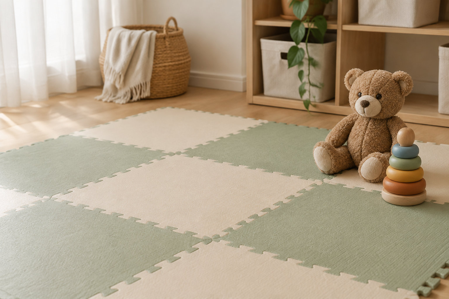 Un tapis de sol en mousse composé de dalles vert sauge et beige occupe une pièce, avec un ours en peluche et un jeu d’anneaux empilés posés dessus.